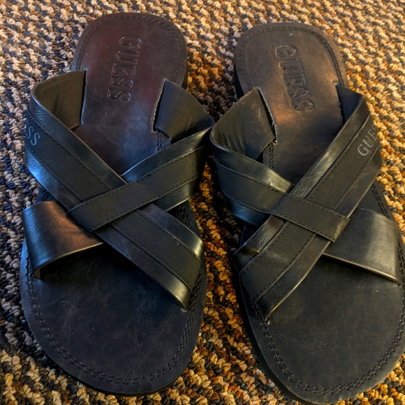 Men\'s Guess Black Leather Slides Sandals NEW
